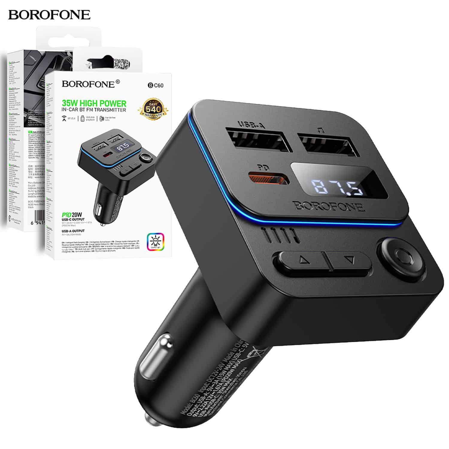Borofone BC60 BT 5.4 Hero 35W (1A1C) Car Player Wireless Bluetooth FM transmitter Borofone BC60 BT 5.4 Hero 35W (1A1C) Car Player Wireless Bluetooth FM transmitter